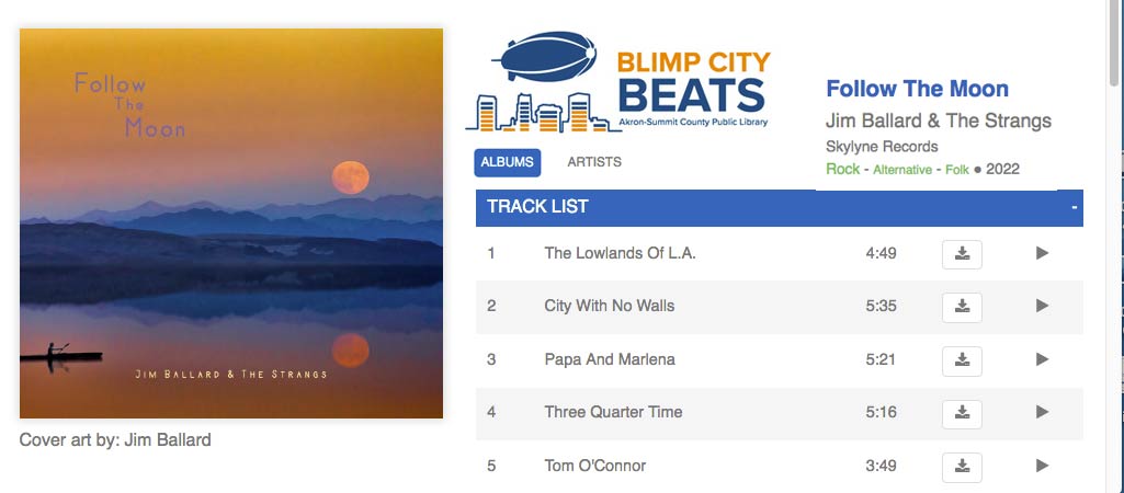 Blimp City Beats, Akron Summit County Public library logo shows illustration of blimp flying over city buildings. Below is Follow the Moon CD cover and the list of tracks that can be played at Blimp City Beats' website.